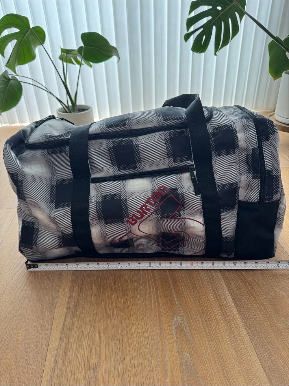 Burton Boothaus Gray & White Plaid Duffel Bag with Red Logo